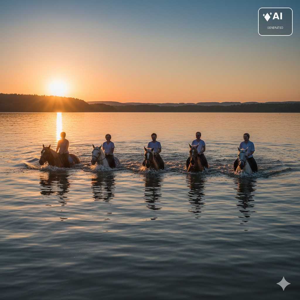 Reitergruppe mit Pferden im ruhigen Wasser bei Abendlicht